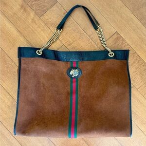 Gucci Brown Suede Large Tote with Chain Shoulder Straps